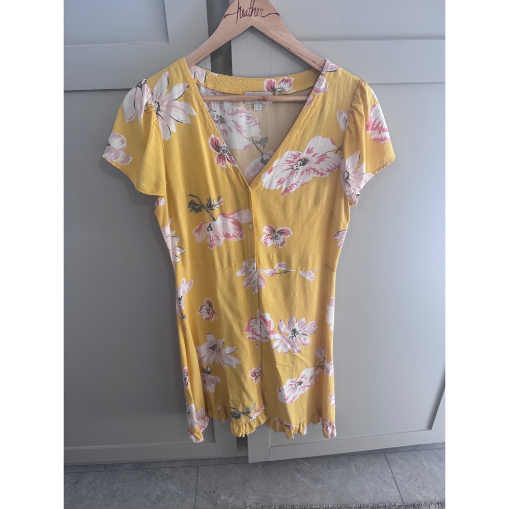 Loft Outlet Yellow Floral Button Front V-Neck Ruffle Hem Mini Dress Womens 4